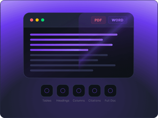 Document window with PDF and Word export options, preserving tables, headings, columns and citations