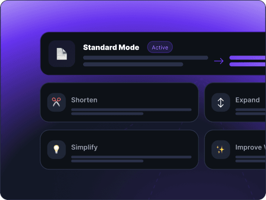 Writing mode cards for Standard, Shorten, Expand, Simplify and Improve