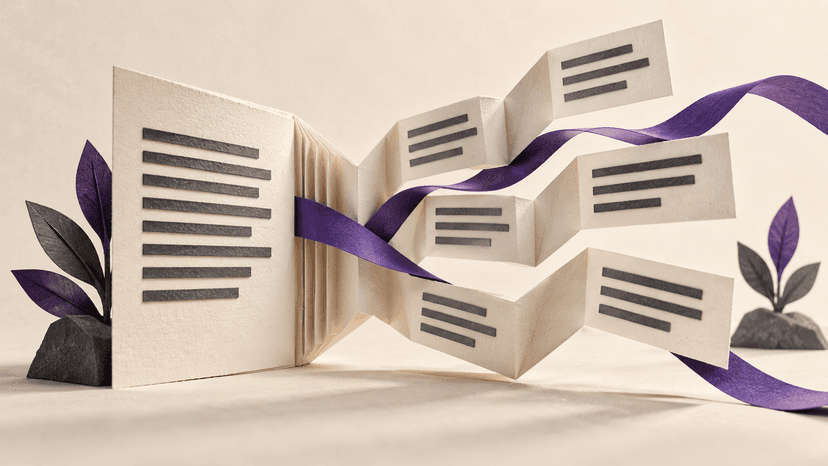 A concertina document opens into several sentence arrangements joined by a violet strip.